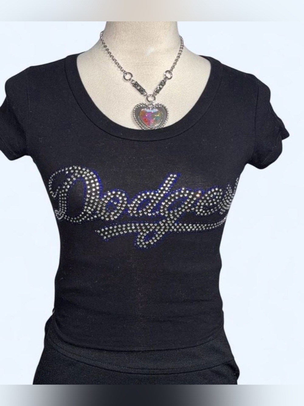 Womens Dodgers Black Rhinestone Short Sleeve Tee
